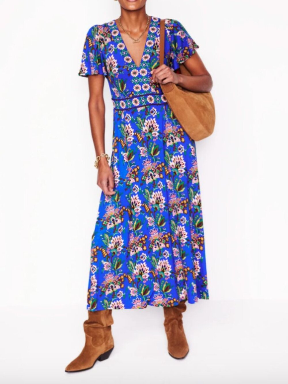Boden Ellie Flutter Maxi Tea Dress Gallery Blue Botanica Terrace Pockets EUC